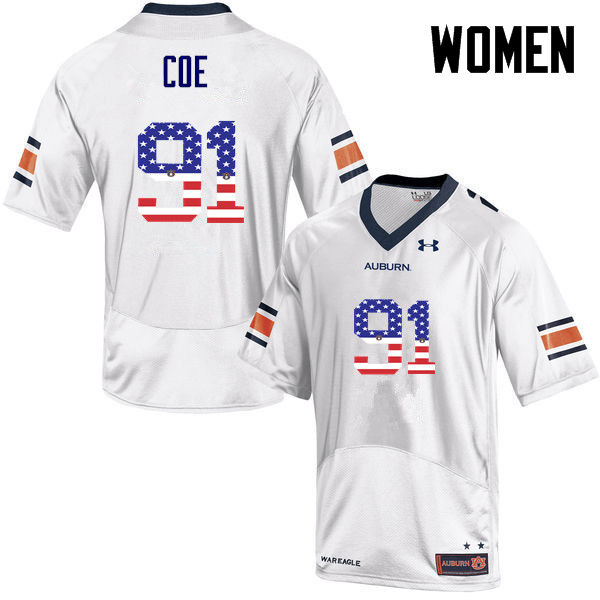 Auburn Tigers Women's Nick Coe #91 White Under Armour Stitched College USA Flag Fashion NCAA Authentic Football Jersey OOA3274WK